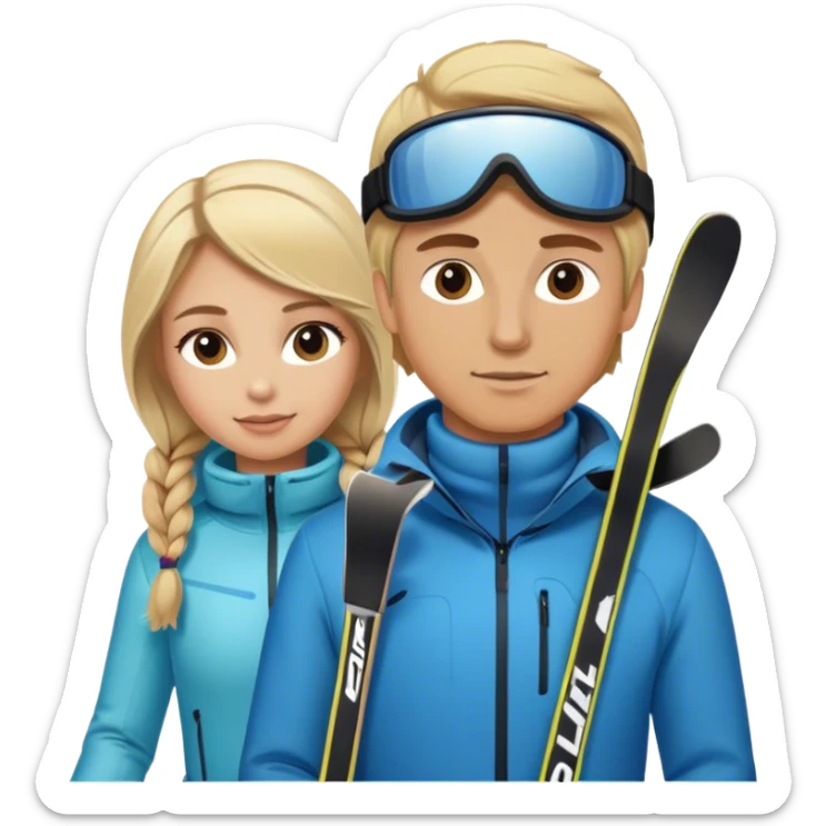 Blonde hair female and light brown hair male on skiis sticker