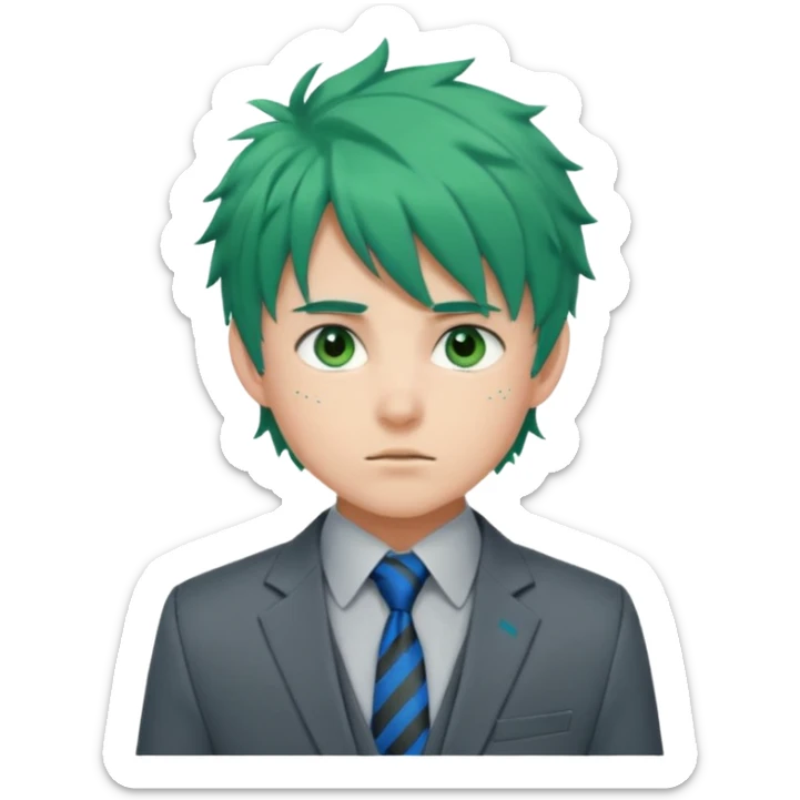 deku : boy anmie green hair green eyes in a ua gray jacket and blue tie suit with frenkles messy hair and black on the bangs sticker