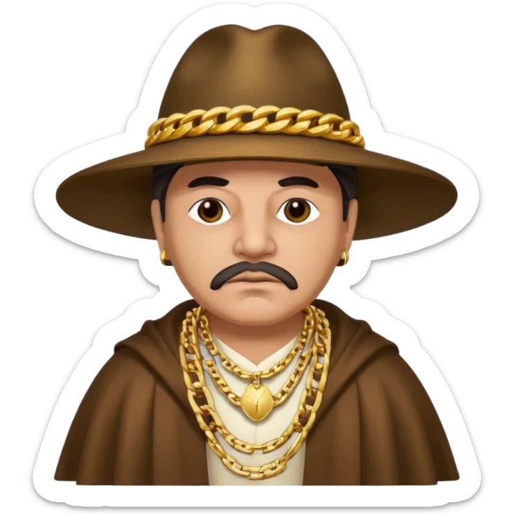 "Emoji of a Colombian mafia boss, dressed in a traditional ruana and hat, with a big gold chain, looking wealthy and intimidating." sticker