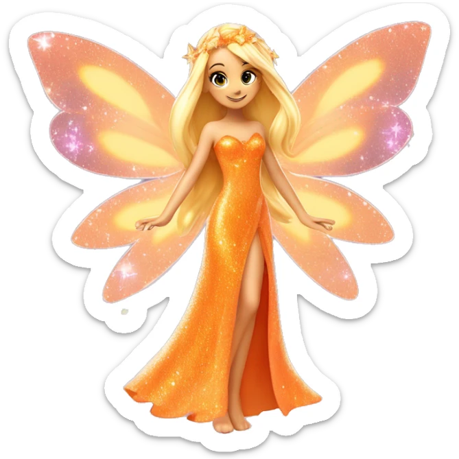Stella adult latina fairy of nature in her enchantix fairy orange clothing and fairy enchantix wings and long blonde hair from winx club. Small eyes, Lots of sparkles and fairydust. Full body and full fairy bliss sticker