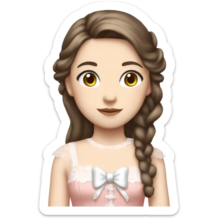 full body, girl standing, pale skin, long brunette hair, wearing lolita pink dress with white lace, wearing a pretty white bow on top of her head sticker