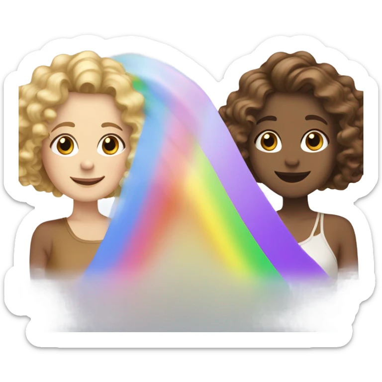 Two women best friends, one with curly blond-ish hair the second one with wacy brown hair, sliding down a rainbow sticker