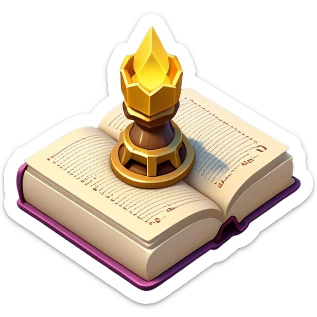 Clash of Clans aesthetic: Cinematic Playful 3D Isometric Spell Book Emoji, rendered in a 3D vector-style similar to standard emojis with minimal shading and bold, simplified shapes. A compact, distinct form with signature details, softly glowing with a fantasy RPG magic charm. Simplified yet unmistakably iconic, highly detailed and consistent, glowing with a soft radiance and high shine. Stylized with a touch of heroic grandeur and a soft glowing outline, capturing the essence of a beloved gaming relic with a friendly, playful manner! sticker