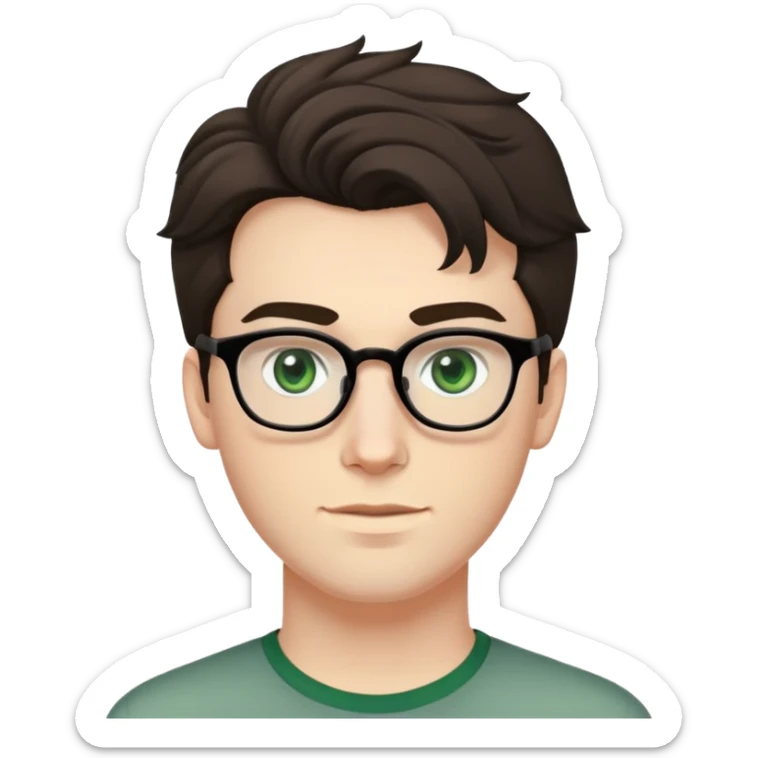 young man with pale skin, larger face, dark tall voluminous slightly wavy hair styled up high on head but not curly, wearing glasses with green eyes and very light stubble, with a slight smile sticker