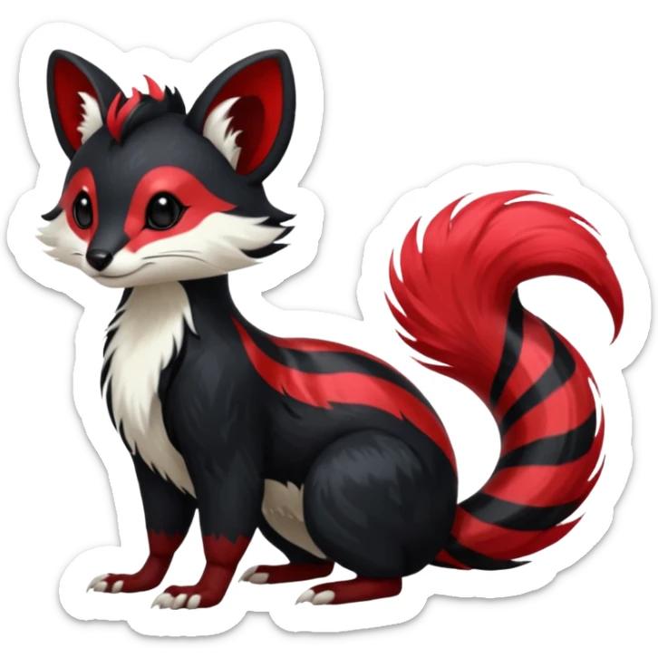 Feral Rare Fantasy shiny soft fuzzy furry vibrant tropical obsidian-black and crimson-red Vernid-Trico-species-creature by LiLaiRa, random markings, tufted tail, tufted ears, full body with markings with white skunk-tail-stripes sticker