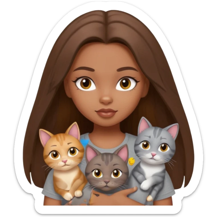 a pretty bratz dusky girl with long brown hair with four cats nd wearing a grey tshirt sticker