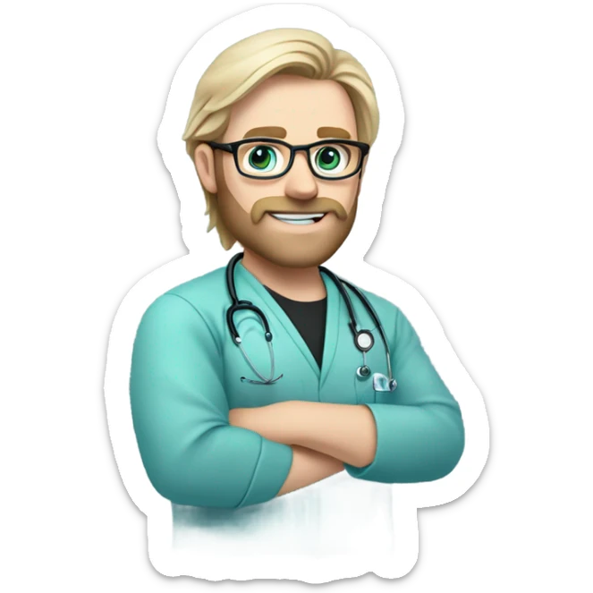 male blond doctor with grey beard with blue-green eyes and wire glasses in black scrubs holding a paintbrush sticker