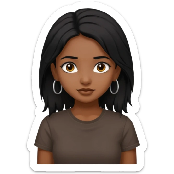 a pretty dark  indian bratz girl with messy dark black hair, wearing a black tee. sticker