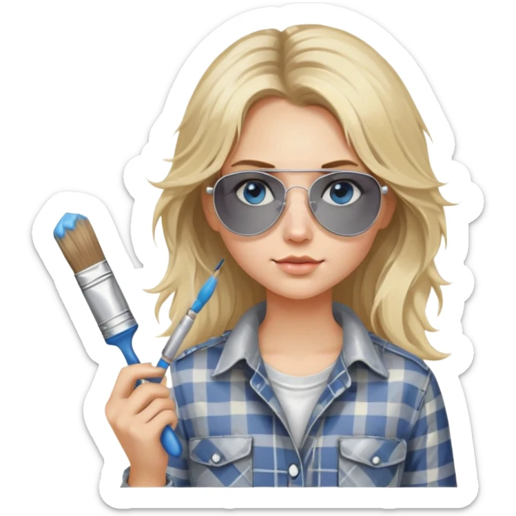 girl with long blond messy hair, wearing grey plaid shirt with blue eyes and aviator sunglasses wearing a ring on her silver necklace, holding a paint brush roller with a small bit of white paint on her face sticker