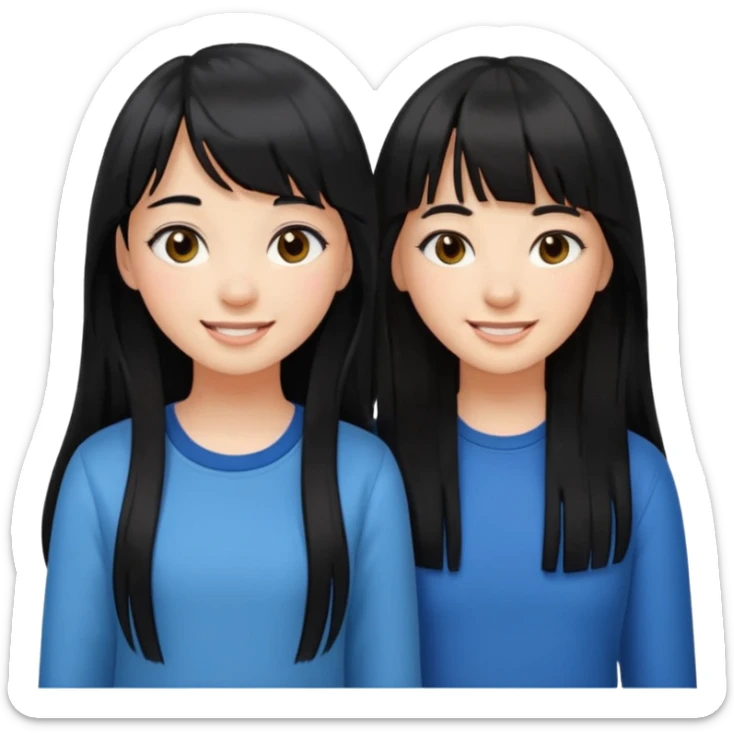 two teenage girls with long black hair, one with bangs, one with prominent lashes, smiling sticker