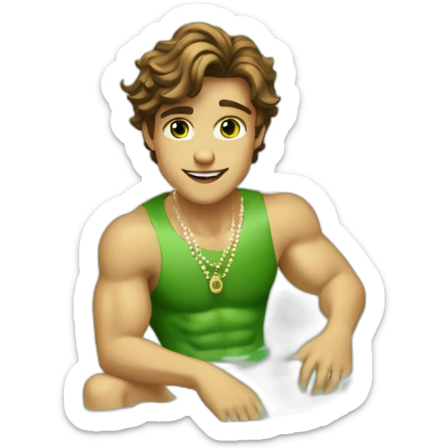 Posh-muscle-boy-brown-hair-green-eyes-pearl-necklace-in-golden-bathtub sticker