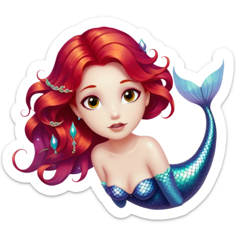 Cinematic Realistic Red Hair Mermaid Portrait, depicted with lifelike porcelain white skin that glows with an ethereal radiance, enhanced by soft underwater lighting. Her intricately detailed, flowing red hair cascades like liquid fire, framing deep, soulful eyes that mirror the mysteries of the deep sea. Accented by shimmering, iridescent scales and delicate aquatic embellishments, the portrait features an enchanting underwater glow that marries realism with mythic ocean elegance. sticker
