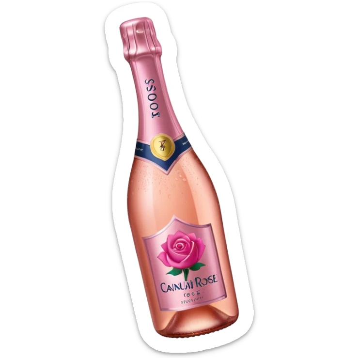bottle of sparkling rosé with a rose logo on the label, angled to the left, no glass sticker
