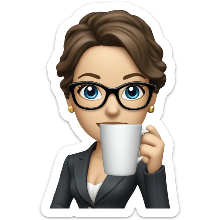 Lifelike model Kate Beckinsale blue eyes wearing glasses in a business dress drinking a cup of tea  sticker