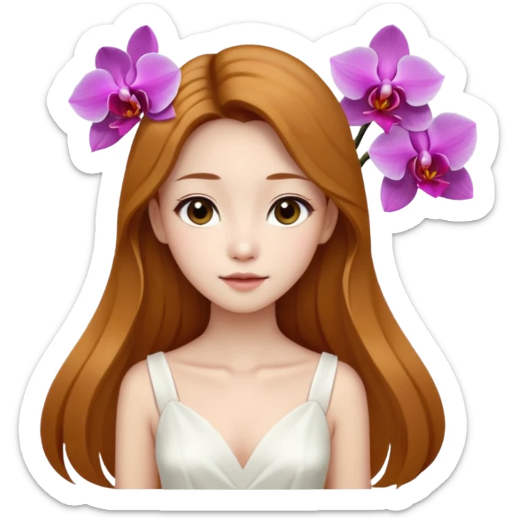 Asian girl with long golden brown hair white skin makeup natural with orchid in her left ear, her dress is white   sticker