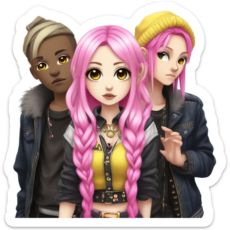 Blue eyed long eye lashes pout blonde and pink hair pale hime gyaru girl, hot pink and yellow split-dyed hair, nose ring, elf ears, dark makeup, punk clothes standing next to three diffrent men praying on their knees sticker