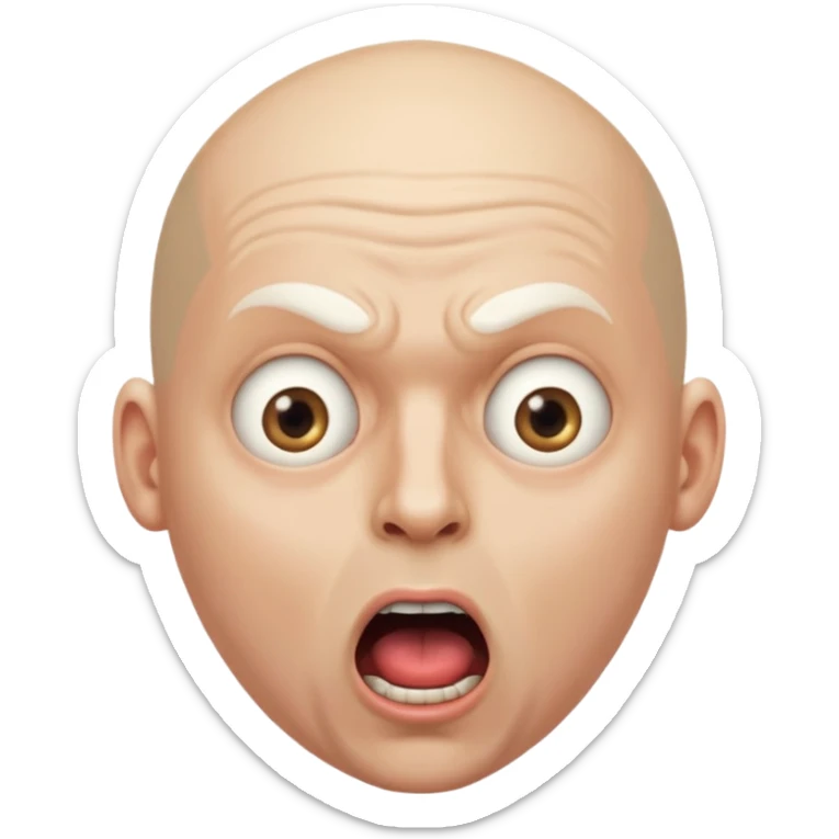portrait of a bald man with a bleached face and heavily made-up eyes and mouth, a huge, wide-open mouth and a shocked look sticker