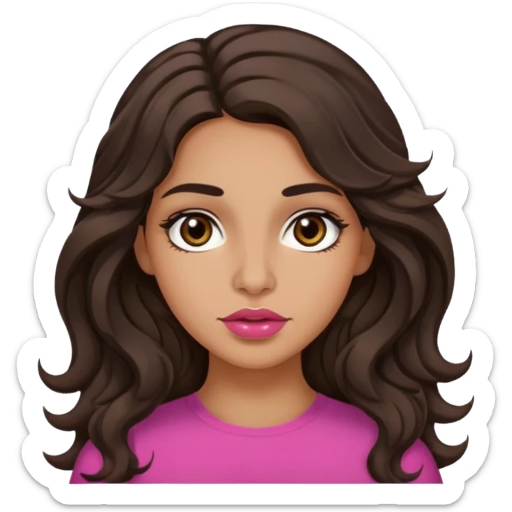 Meduim tone olive skin, brown wide eyes, thick dark brown hair long wavy, greek nose, pink full lips sticker