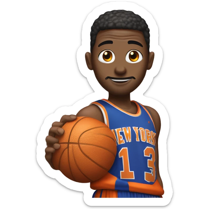 Person playing basketball in New York Knicks coloured clothes (white blue orange) but the basketball is a burger sticker