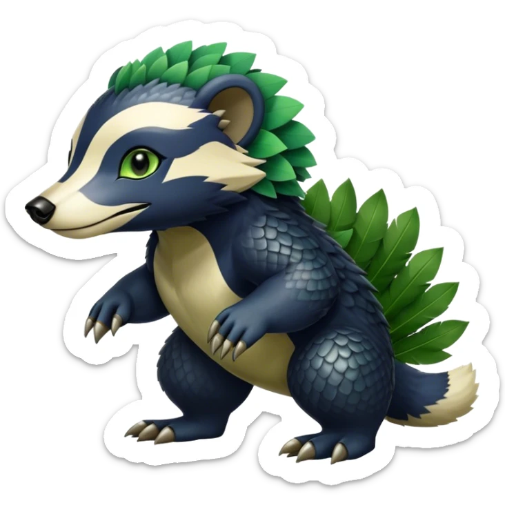 Cute cool fantasy animal hybrid Honey-Badger-Digimon-Fakemon full body, green scales, green leaves, brown eyes, blue feathers sticker