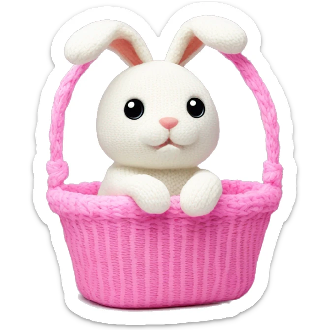cute white plush knitted bunny toy sitting in the pink basket sticker