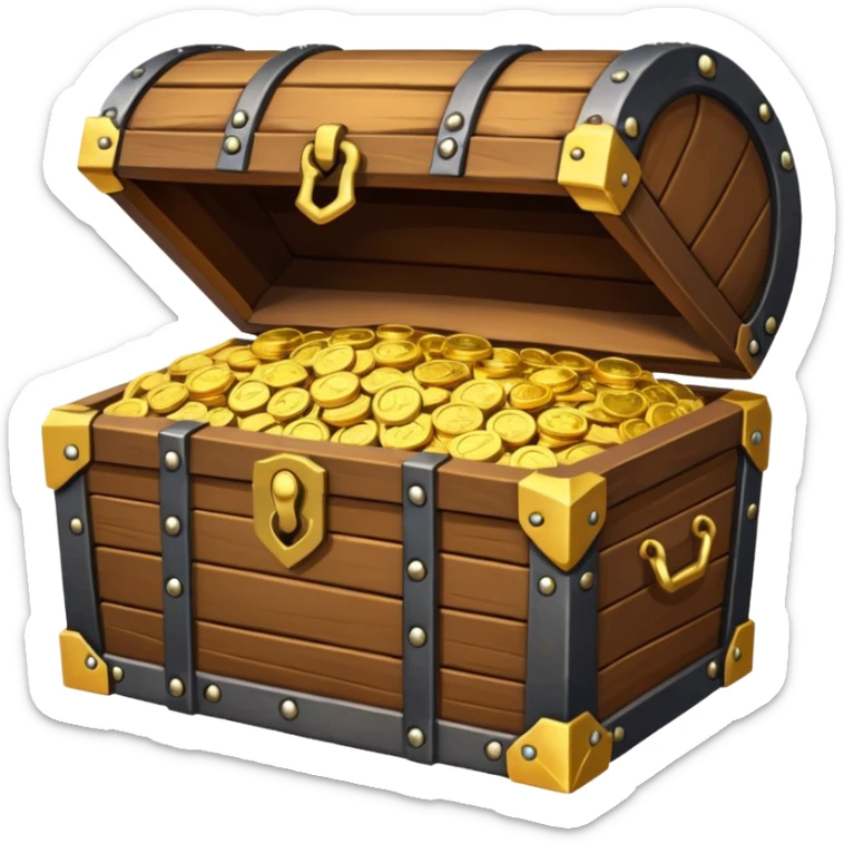 treasure chest with iron fittings and cold corners open and stacked full of a mix of gold coins a shiny gems sticker
