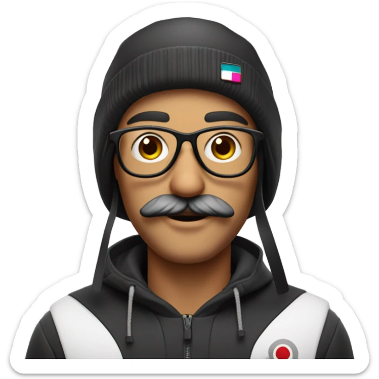 Petit emoji Instagram homme blanc sans cheveux avec un bonnet de ski de couleur noir des lunettes et une moustache  sticker