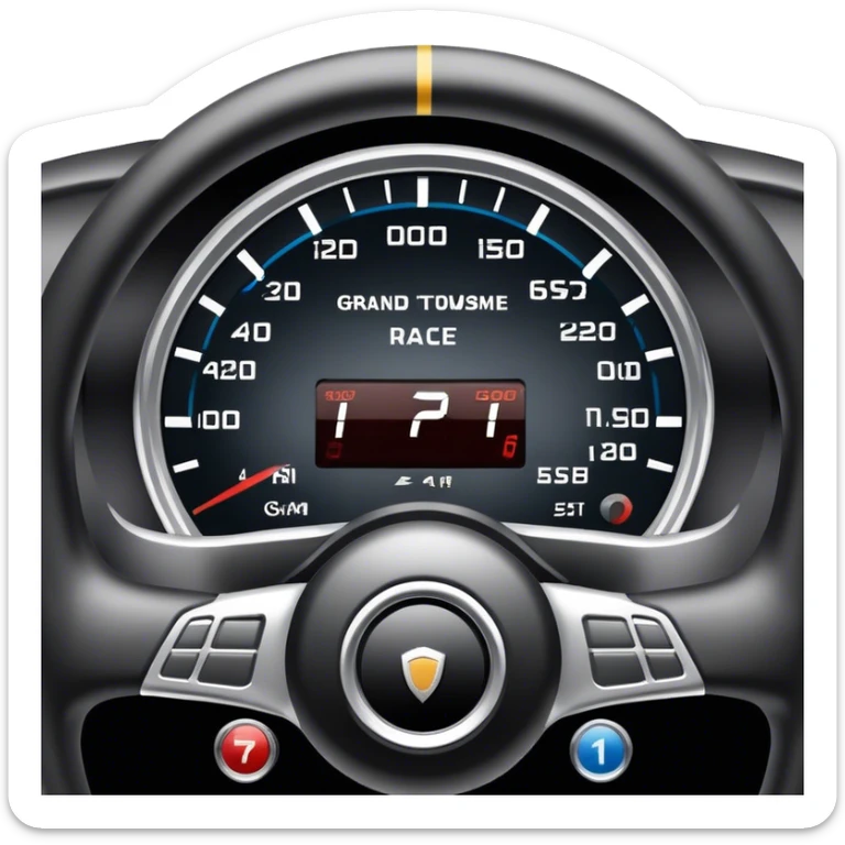 An icon showing a racing game interface, inspired by Grand Turismo. The design features a garage with a selection of high-performance cars, along with race track visuals in the background. Speedometer, lap timer, and other HUD elements add to the excitement. Transparent background sticker