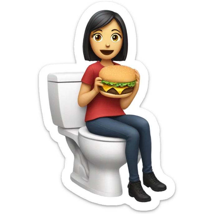 Lady sitting by a toilet, with a cheeseburger in her right hand, eating the burger sticker