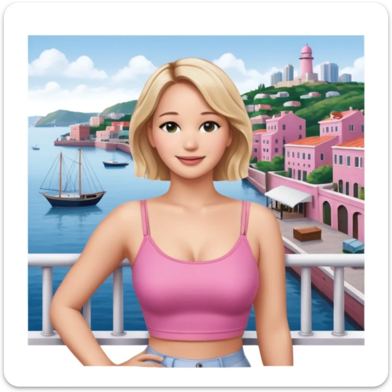 jennifer lawrence, pink crop top leaning on a balcony with a harbor and cityscape in the background, smiling sticker