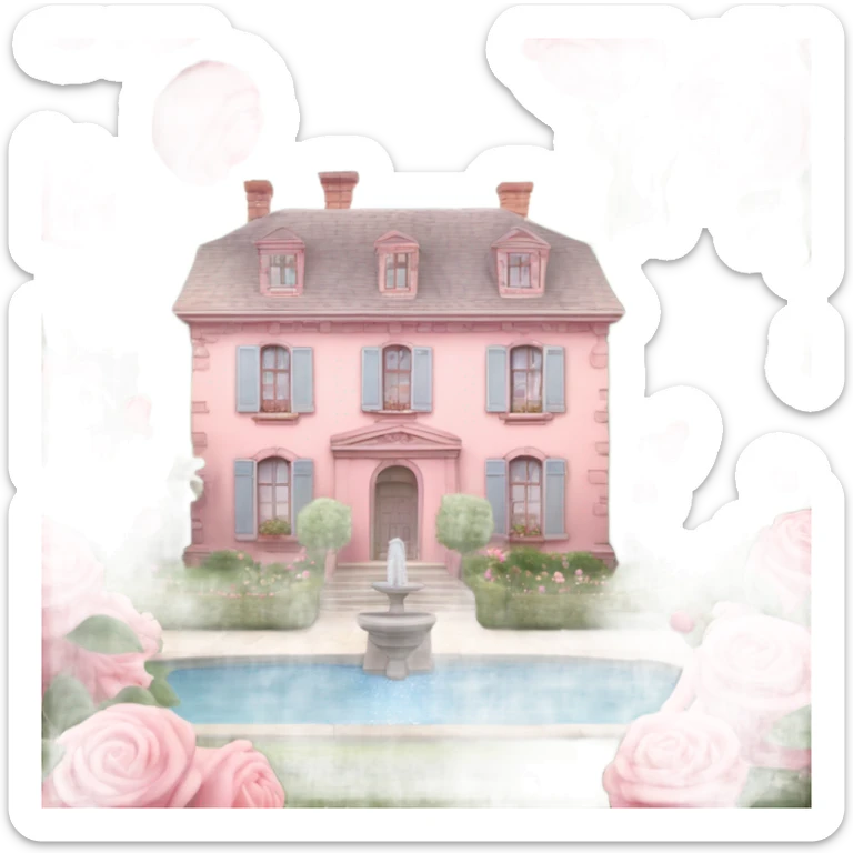 pastel pink 19th century house surrounded by amazing french style garden with rose bushes and apple tree orchards and water fountains sticker