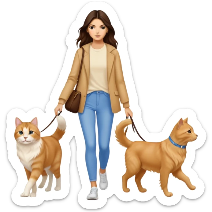 Kendall Jenner with long brown hair walking a golden retriever dog and three cats, two cream colored cats and one white and blue cat sticker