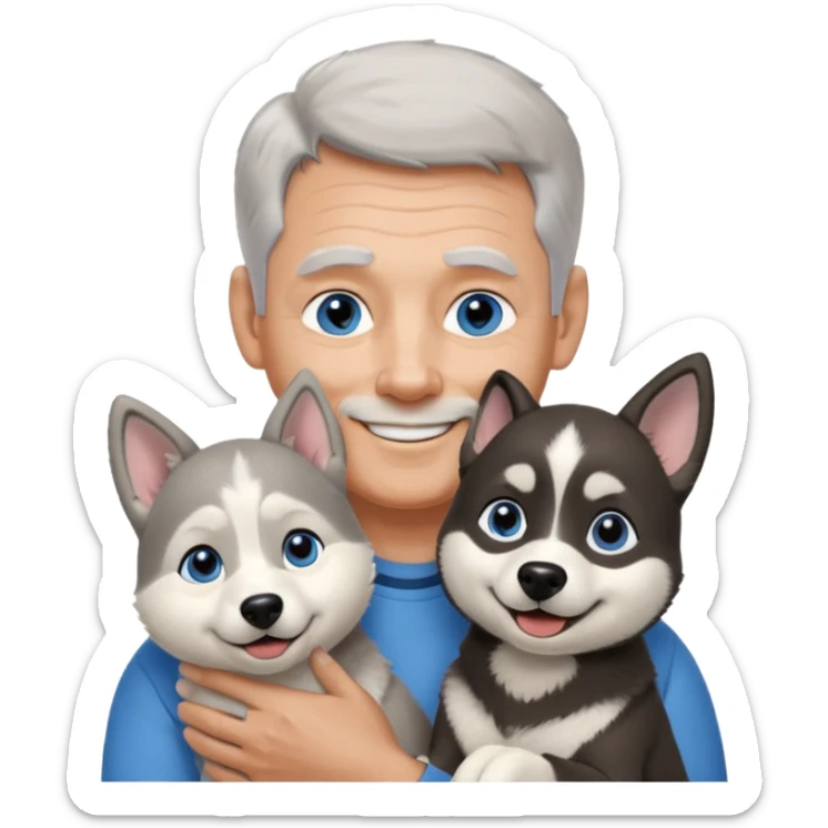 A 60 year old man with blue eyes and short light gray hair and no mustache and slightly big ears, holding a single black and white husky dog with floppy ears and white tuft eyebrows, both smiling sticker