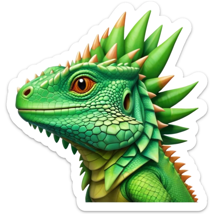 Cinematic Noble Iguana Portrait Emoji, Poised and majestic, with a robust, muscular build and a vibrant, scaly body accented by a prominent spiky crest and keen, observant eyes, Simplified yet sharp and sophisticated features, highly detailed, glowing with a soft, jungle radiance, high shine, intelligent and formidable, stylized with an air of ancient reptilian authority, focused and commanding, soft glowing outline, capturing the essence of a watchful guardian that appears ready to stride out of the screen with effortless might! sticker