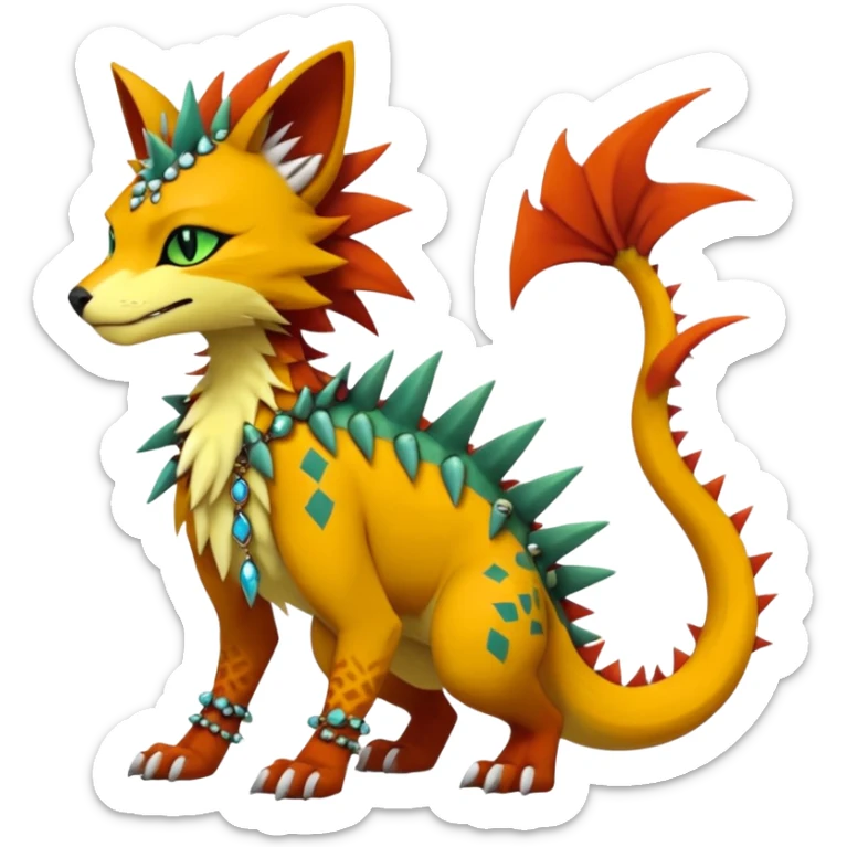 Kawaii cute reddish orangish yellowish greenish exotic tribal beautiful pretty elegant divine edgy feline-vernid-sergal-Fakémon-Pokémon-Digimon-fursona-animal-creature with accessories, jewelries, full body, with intricate detailed markings, spikes, furs, fins, scales, spiny sticker