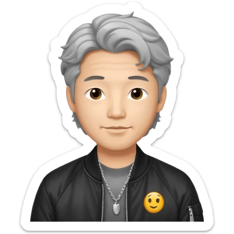 Handsome and mature Asian guy wavy hair, wearing silver necklace, dressed cool in black bomber jacket, demure but with a smirk  sticker