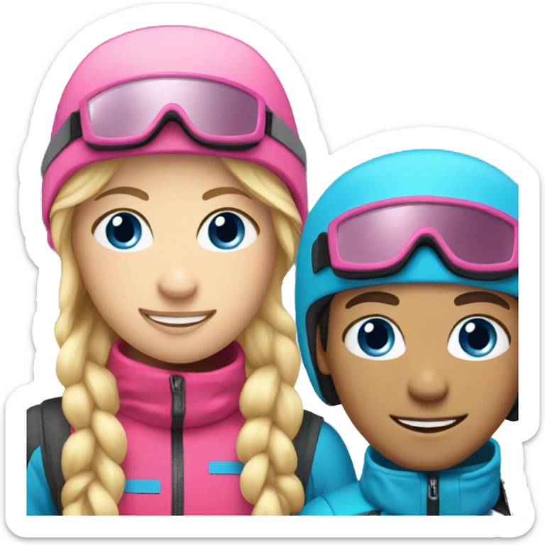 Skier boy and Skier girl with blonde hair and pink gear blue eyes  sticker