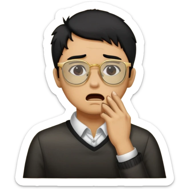 Make an apple choking emoji of a tan gender neutral person with black hair and gold frame glasses with their hand on their neck choking themselves  sticker