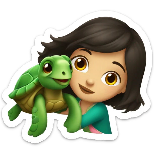European girl with dark hair kiss little turtle sticker