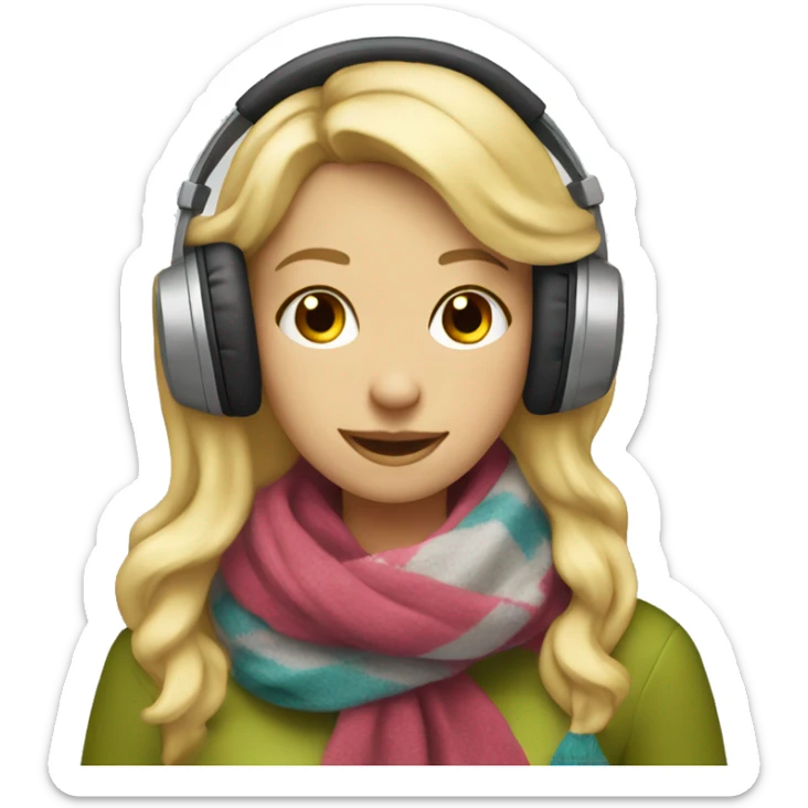 Blonde girl wearing a scarf with headphones on jamming to music sticker
