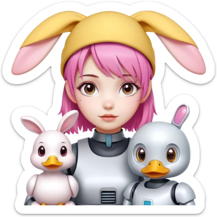 Make me a cute robot and a cute duck with a yellow hat beside a girl with pink hair white skin cute face bunny beg  sticker