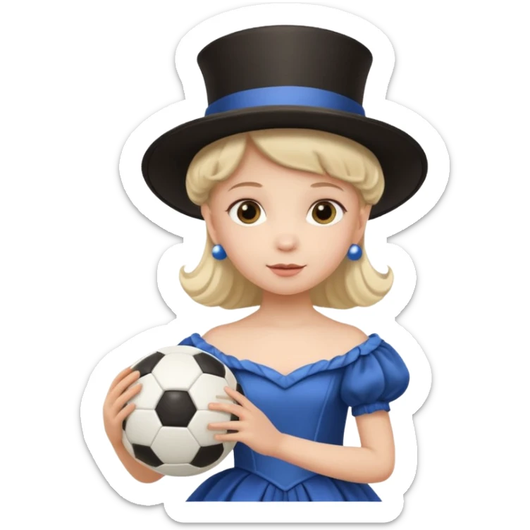 a child in a theatrical hat with a soccer ball in his hands and in a ball gown sticker