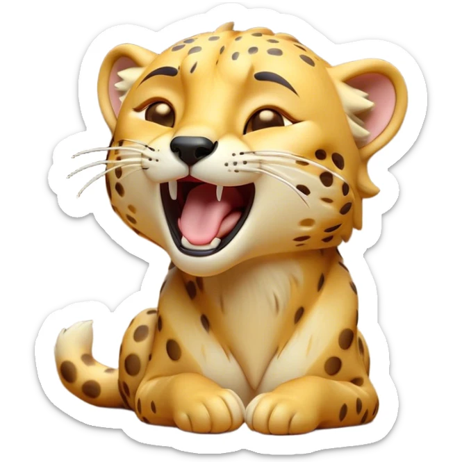 Cinematic Cute Yawning Cheetah Portrait Emoji, Head tilted slightly with a dramatic, wide-open yawn, showcasing a soft, sleek golden Fur with distinctive spots and floppy ears slightly drooping, round amber eyes barely open in drowsy contentment, Simplified yet irresistibly adorable features, highly detailed, glowing with a soft, cozy glow, high shine, relaxed yet expressive, stylized with a touch of savannah whimsy, bright and endearing, soft glowing outline, capturing the essence of a sleepy yet affectionate cheetah, so drowsy it feels like it could stretch right out of the screen and curl up for a nap! sticker