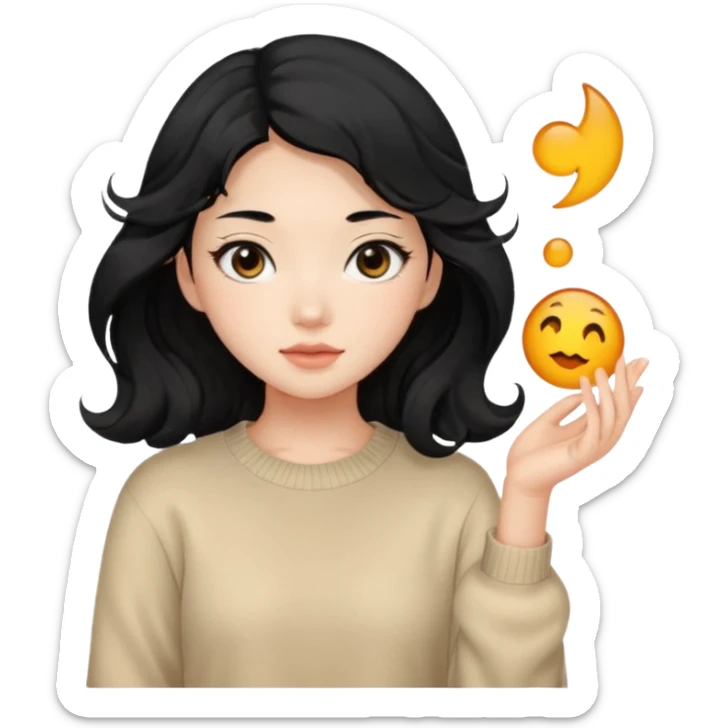 Beautiful girl,Black hair, wavy long hair,Black eyes,Chinese, beige sweater  sticker