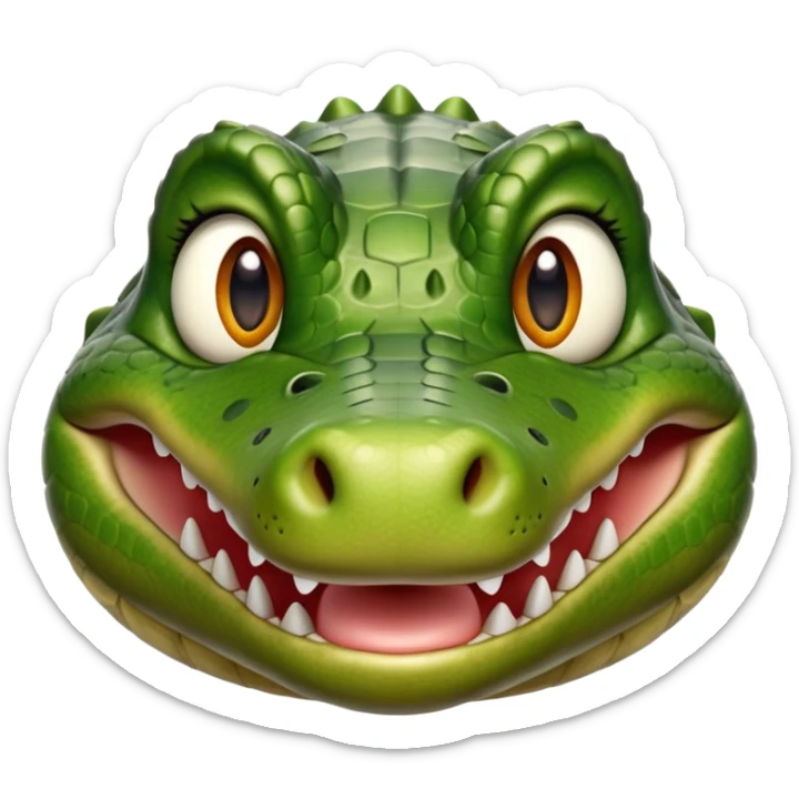cinematic-realistic-cute-crocodile-portrait-emoji,-head-tilted-playfully-and-inquisitively,-featuring-a-robust,-well-defined-build-with-intricately-detailed,-glossy-olive-green-scales-and-a-surprisingly-endearing-face-with-round,-sparkling eyes sticker