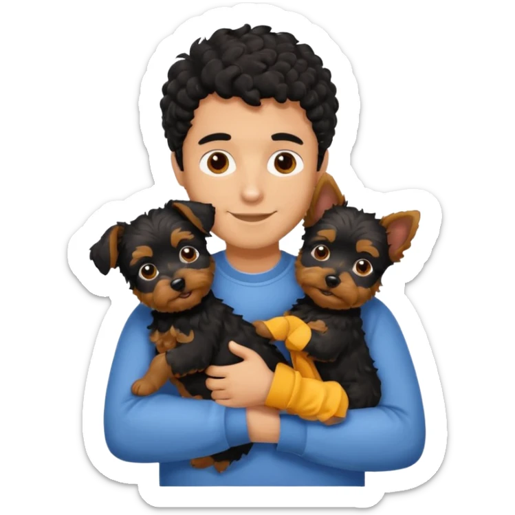Young man with little brown skin, black curly hair, cheerful dark brown eyes, hugging two yorkie terrier  sticker