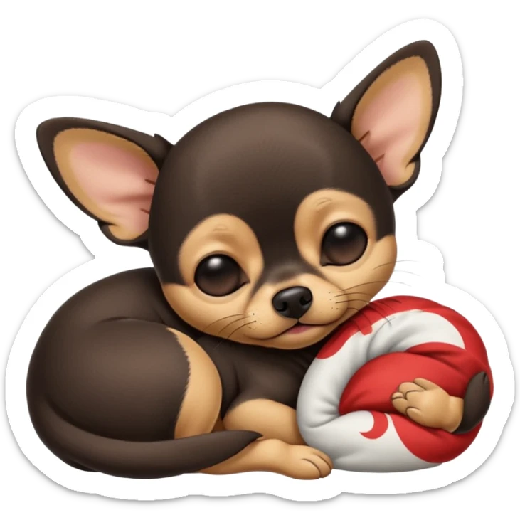 A high-resolution photo-realistic digital illustration of a cute  black with a bit of tan chihuahua with eyes closed shut sleeping lazily on the ground sticker