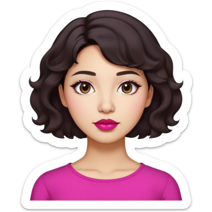 Latina woman, short wavy hair, dark brown, mid-neck, round nose, dark pink lips, Pinterest aesthetic, Korean-inspired sticker