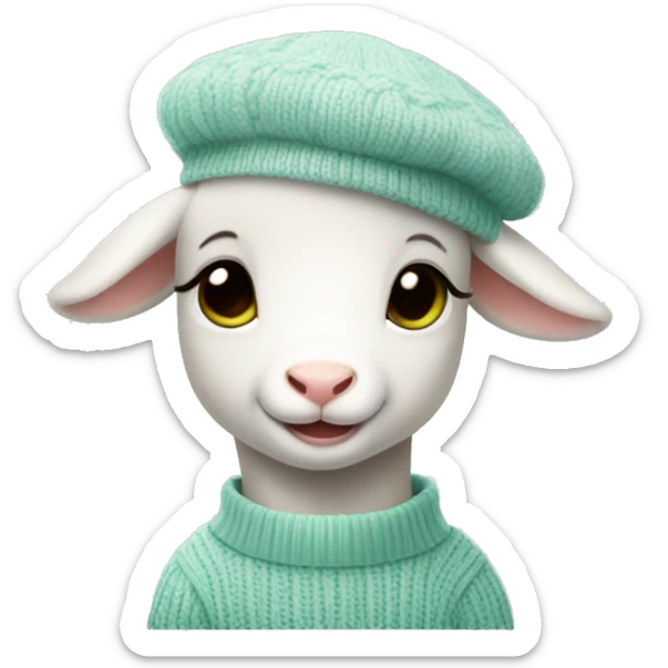 cute little lamb wearing a water green sweater and a white beret sticker