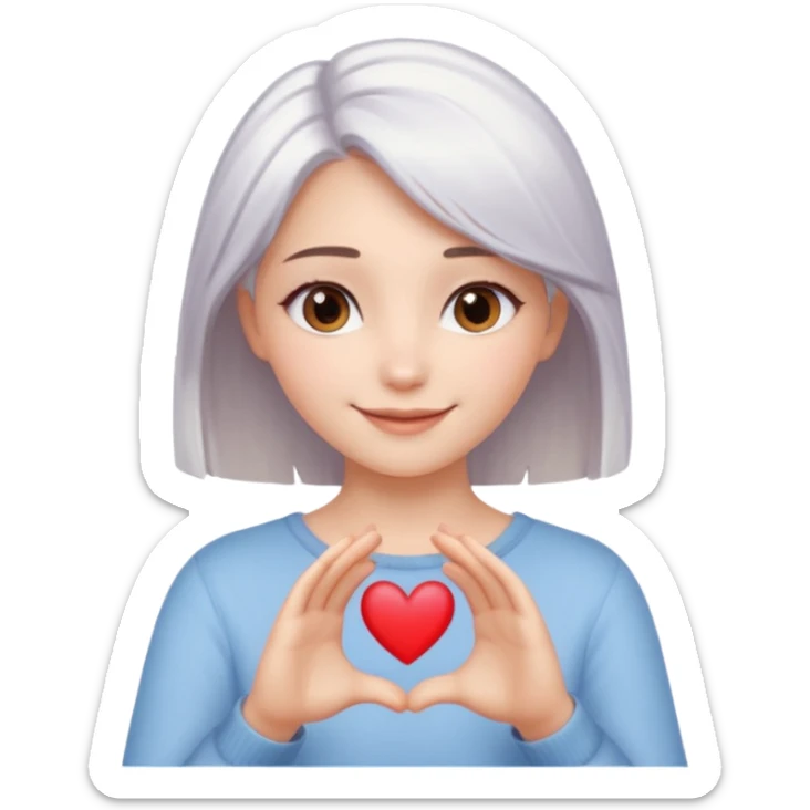 Beautiful girl. Platinum-colored hair just below the shoulders, straight, brown eyes, sweet smile. Hands in the shape of a heart.  sticker